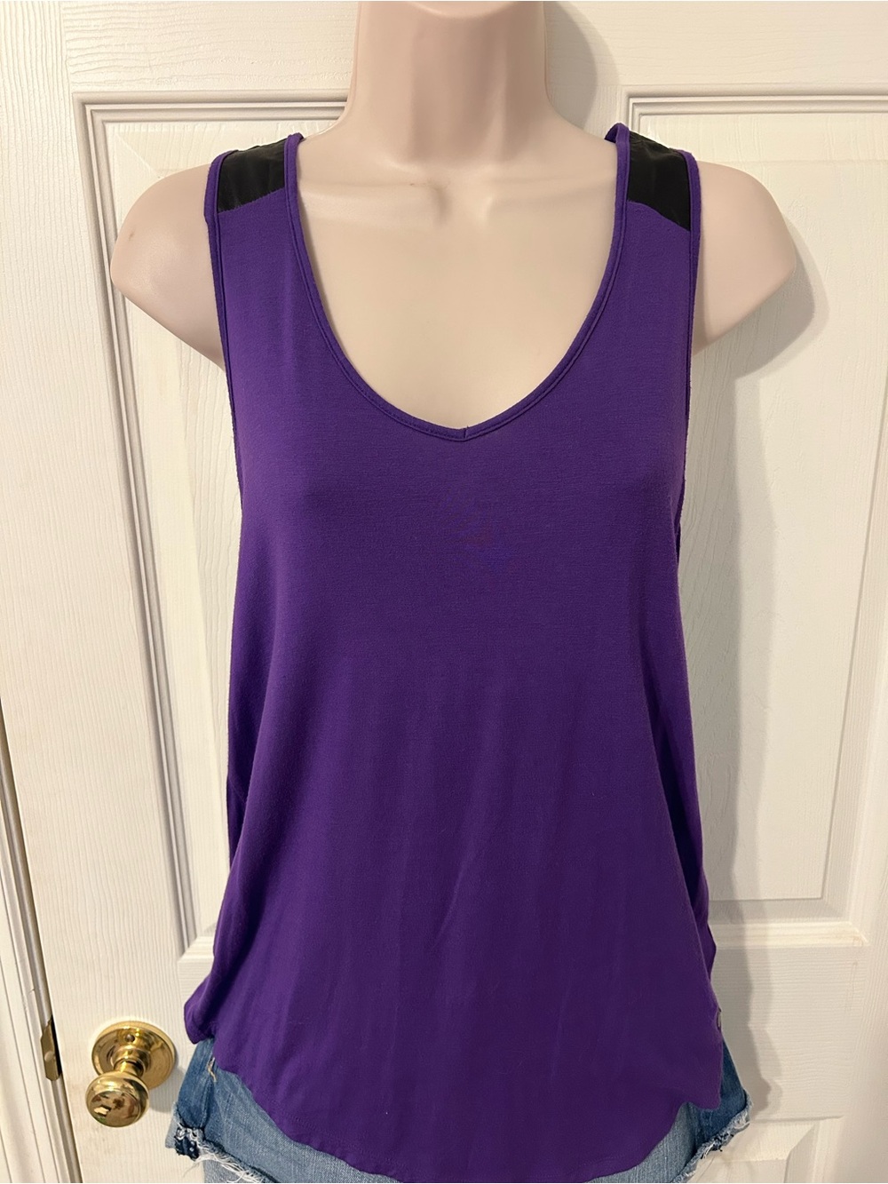 Women’s Guess Purple Tank Top with Black Faux Leather Shoulder Panels, Small